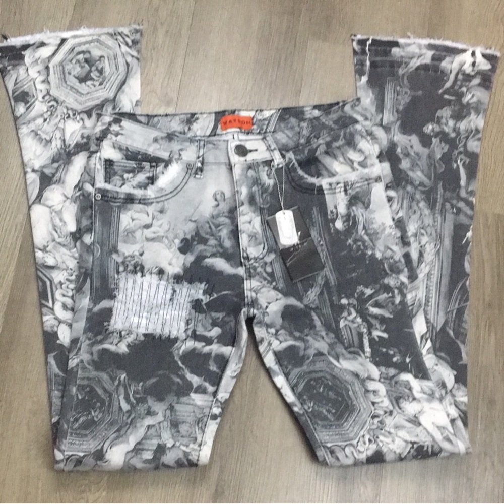Watson Men’s Artistic Black and Gray Print Jeans (Size: 30x60)